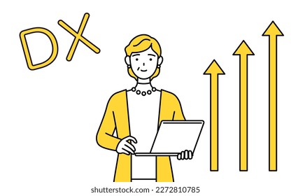 Image of DX, Retired seniors, middle-aged woman, who has successfully improved her business, Vector Illustration