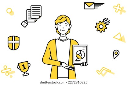 Image of DX, Retired seniors, middle-aged woman, using digital technology to improve her business, Vector Illustration