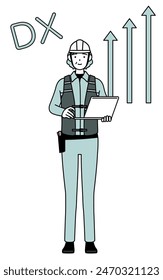 Image of DX, Senior female engineer in helmet and work wear who has successfully improved her business, Vector Illustration