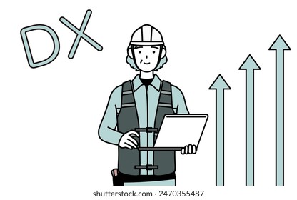 Image of DX, Senior female engineer in helmet and work wear who has successfully improved her business, Vector Illustration