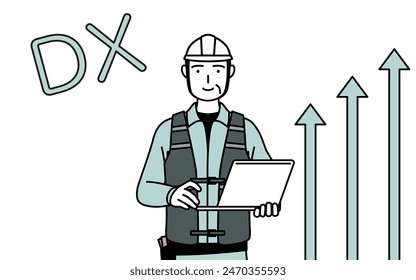 Image of DX, Senior male engineer in helmet and work wear who has successfully improved his business, Vector Illustration