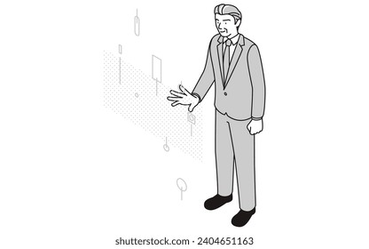 Image of DX, senior male operating a panel floating in the air, executive, president, manager, Vector Illustration