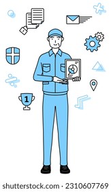 Image of DX, Senior man in hat and work clothes using digital technology to improve his business, Vector Illustration