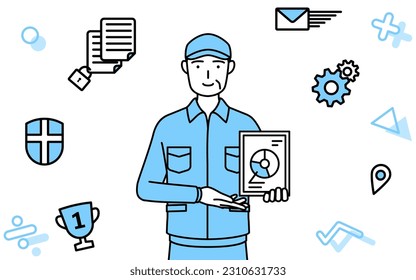 Imagen de DX, Senior en sombrero y ropa de trabajo usando tecnología digital para mejorar su negocio, Ilustración vectorial