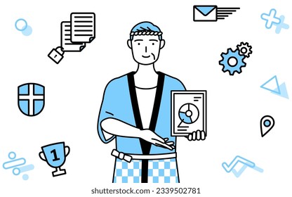 Image of DX, Senior man wearing Happi coat for summer festivals using digital technology to improve his business, Vector Illustration