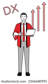 Image of DX, Senior man wearing a red happi coat who has successfully improved his business, Vector Illustration