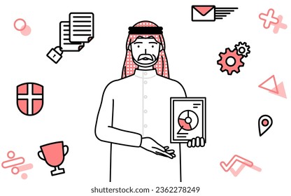 Image of DX, Senior Muslim Man using digital technology to improve his business, Vector Illustration