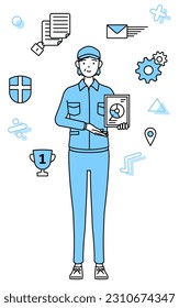 Image of DX, Senior woman in hat and work clothes using digital technology to improve her business, Vector Illustration
