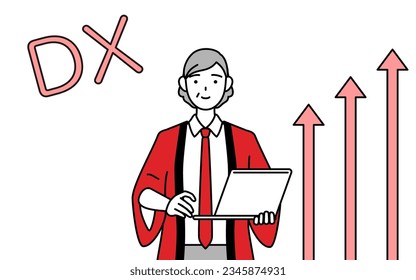 Image of DX, Senior woman wearing a red happi coat who has successfully improved her business, Vector Illustration