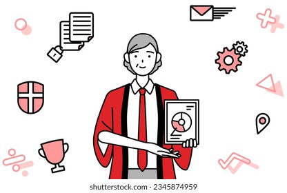 Image of DX, Senior woman wearing a red happi coat using digital technology to improve her business, Vector Illustration