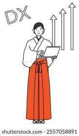 Image of DX, Shrine Maiden Of The Shrine, wearing White kosode and Red Hakama, who has successfully improved her business, Vector Illustration