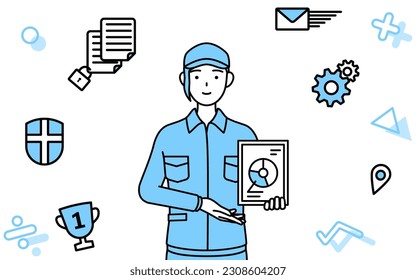 Image of DX, Woman in hat and work clothes using digital technology to improve her business, Vector Illustration