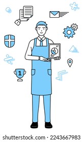 Image of DXing, A man in an apron using digital technology to improve his business