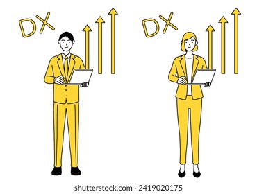 Image of DXing, simple line drawing illustration of businessman and businesswoman in a suit who has successfully improved his business
