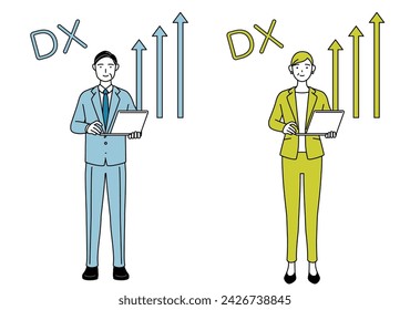 Image of DXing, simple line drawing illustration of businessman and businesswoman (senior, executive, manager) in a suit who has successfully improved his business