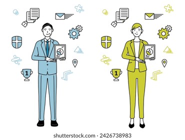 Image of DXing, simple line drawing illustration of businessman and businesswoman (senior, executive, manager) in a suit using digital technology to improve his business