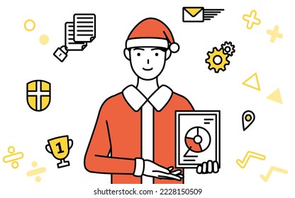 Image of DXing,simple line drawing illustration of a man dressed as Santa Claus using digital technology to improve his business