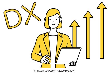 Image of DXing,simple line drawing illustration of a businesswoman in a suit who has successfully improved his business