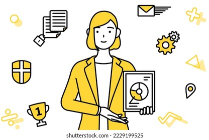 Image of DXing,simple line drawing illustration of a businesswoman in a suit using digital technology to improve his business