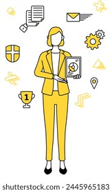 Image of DXing,simple line drawing illustration of a businesswoman in a suit using digital technology to improve his business