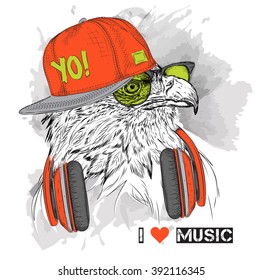 The image of the eagle in the glasses and headphones. Vector illustration.