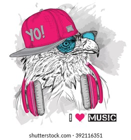The image of the eagle in the glasses and headphones. Vector illustration.