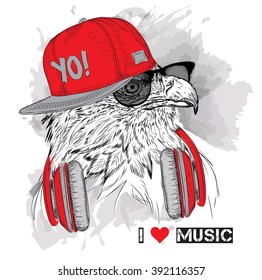 The image of the eagle in the glasses and headphones. Vector illustration.