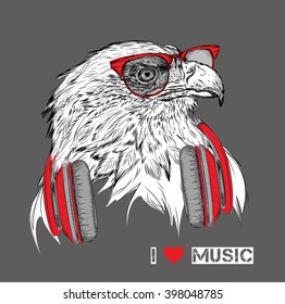 The image of the eagle in the glasses and headphones. Vector illustration.