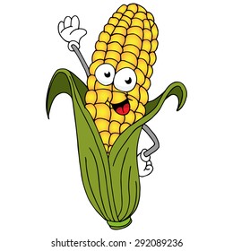 An image of a ear of corn cartoon character.