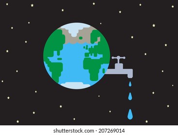 An image of Earth with a tap leaking water in space. A metaphor for global water waste.