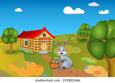 Image of an Easter bunny sitting on a path with a basket of colored eggs near the hut