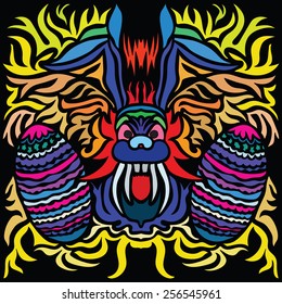 Image of Easter Bunny with two eggs in abstract style, done in a slightly psychedelic manner