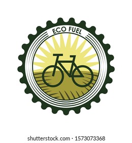 Image of ecological transport. Land care label. Drawing of a bicycle, healthy transport. Editable vector.