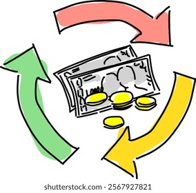 Image of the economy turning, arrows and money hand drawing vector illustration