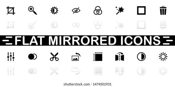 Image Editing icons - Black symbol on white background. Simple illustration. Flat Vector Icon. Mirror Reflection Shadow. Can be used in logo, web, mobile and UI UX project.