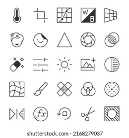Image editing icons set. Graphic editing tools for images. Symbols for the image editor program, linear icon collection. Line with editable stroke