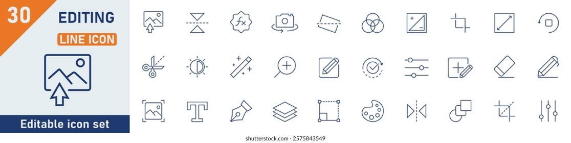 Image Editing line icon set. Set of 30 outline icons related to image gallery, cut, auto correction, coloring, adjustments and others. Editable stroke. Vector illustration.