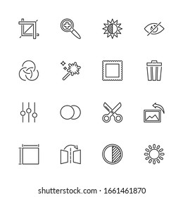 Image Editing, Retouching outline icons set - Black symbol on white background. Image Editing, Retouching Simple Illustration Symbol - lined simplicity Sign. Flat Vector thin line Icon editable stroke