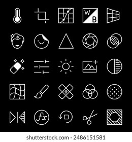 Edición de Imágenes, iconos de línea blanca. Herramientas de edición gráfica para Imágenes, ideales para software y proyectos creativos. Símbolos sobre fondo negro. Trazo editable.
