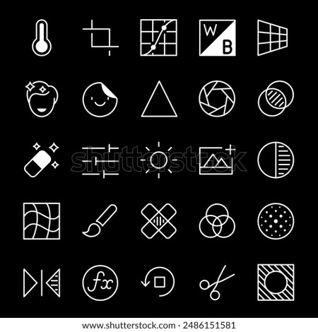 Image editing, white line icons. Graphic editing tools for images, ideal for software and creative projects. Symbols on black background. Editable stroke.