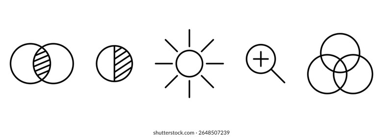 Image editor tool icons with brightness contrast zoom blend shape overlap filter settings vector symbol flat design illustration.