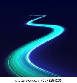 Image with the effect of high-speed movement on the road, green stripes on a dark background. Light trail wave, fire path trace line, car lights, optic fiber and incandescence curve twirl.	