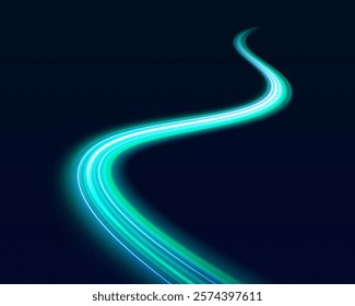 Image with the effect of high-speed movement on the road, green stripes on a dark background. Light trail wave, fire path trace line, car lights, optic fiber and incandescence curve twirl.	