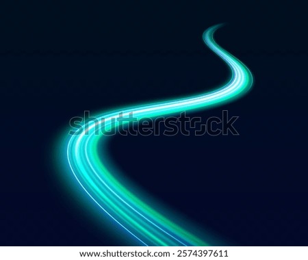 Image with the effect of high-speed movement on the road, green stripes on a dark background. Light trail wave, fire path trace line, car lights, optic fiber and incandescence curve twirl.	