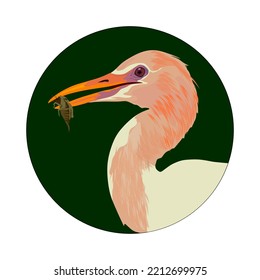 Image of an egret's head with a beak preying on a dirt dog, in a dark green circle. illustration design vector