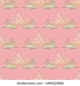 The image of an Egyptian dog on a background of pyramids. Vector illustration. History, culture, travel. Pattern.
