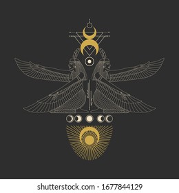 image of egyptian god in retro engraving style. tattoo sketch, print on a leaflet, design creation. cosmic elements of the sun and moon. Vector graphics