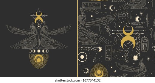 image of egyptian god in retro engraving style. tattoo sketch, print on a leaflet, design creation. cosmic elements of the sun and moon. Vector graphics