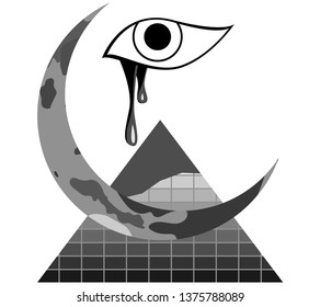 Image of an Egyptian pyramid with moon and eyes in black and white. Vector isolated on white background.