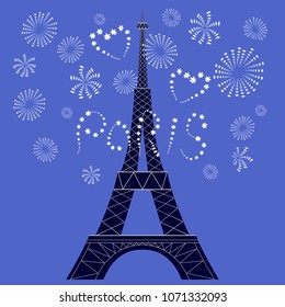 Image of the Eiffel Tower on the background of festive fireworks.
